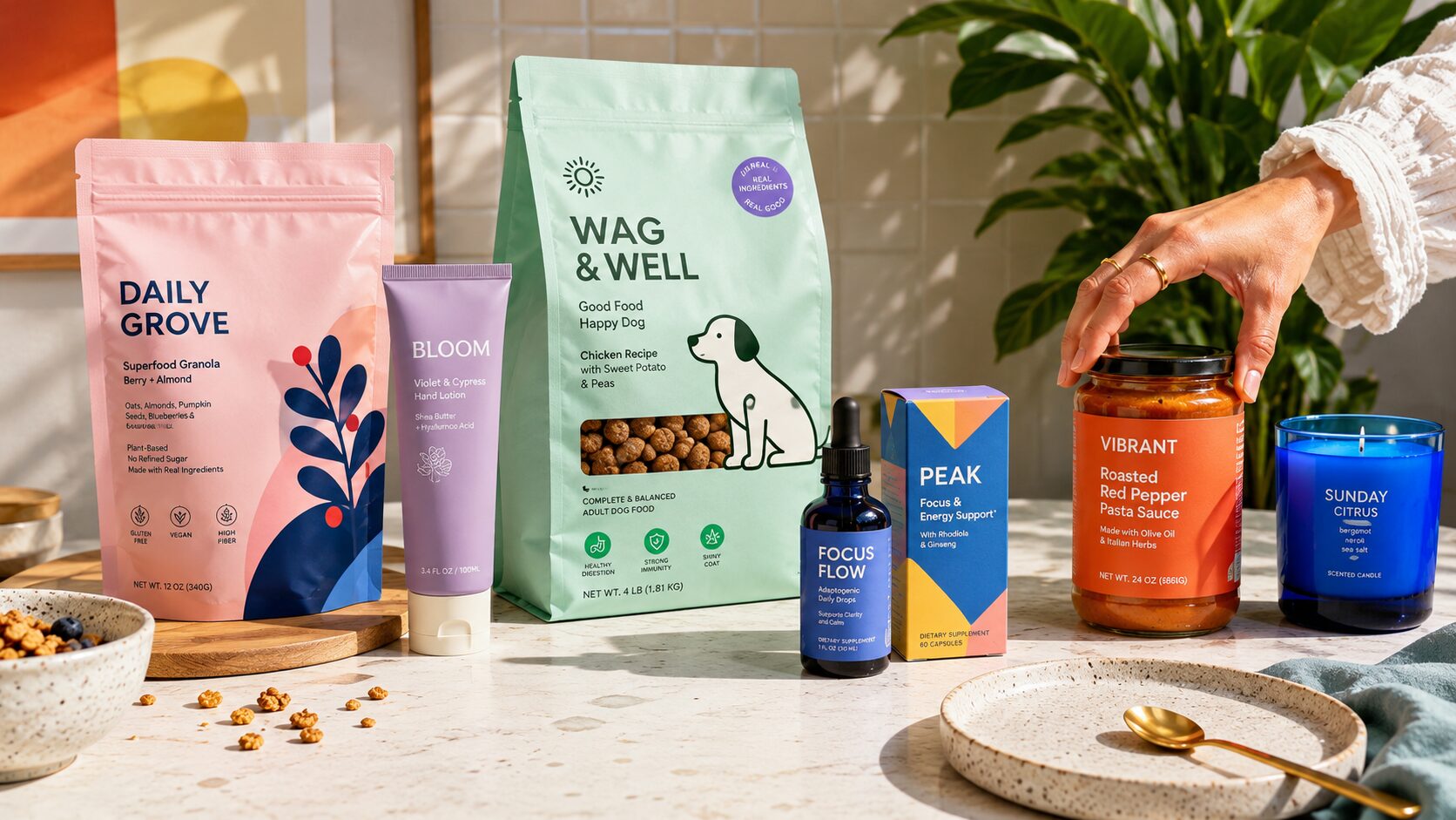 A collection of premium CPG products — pouches, tubes, supplements, pet food, sauces, candles