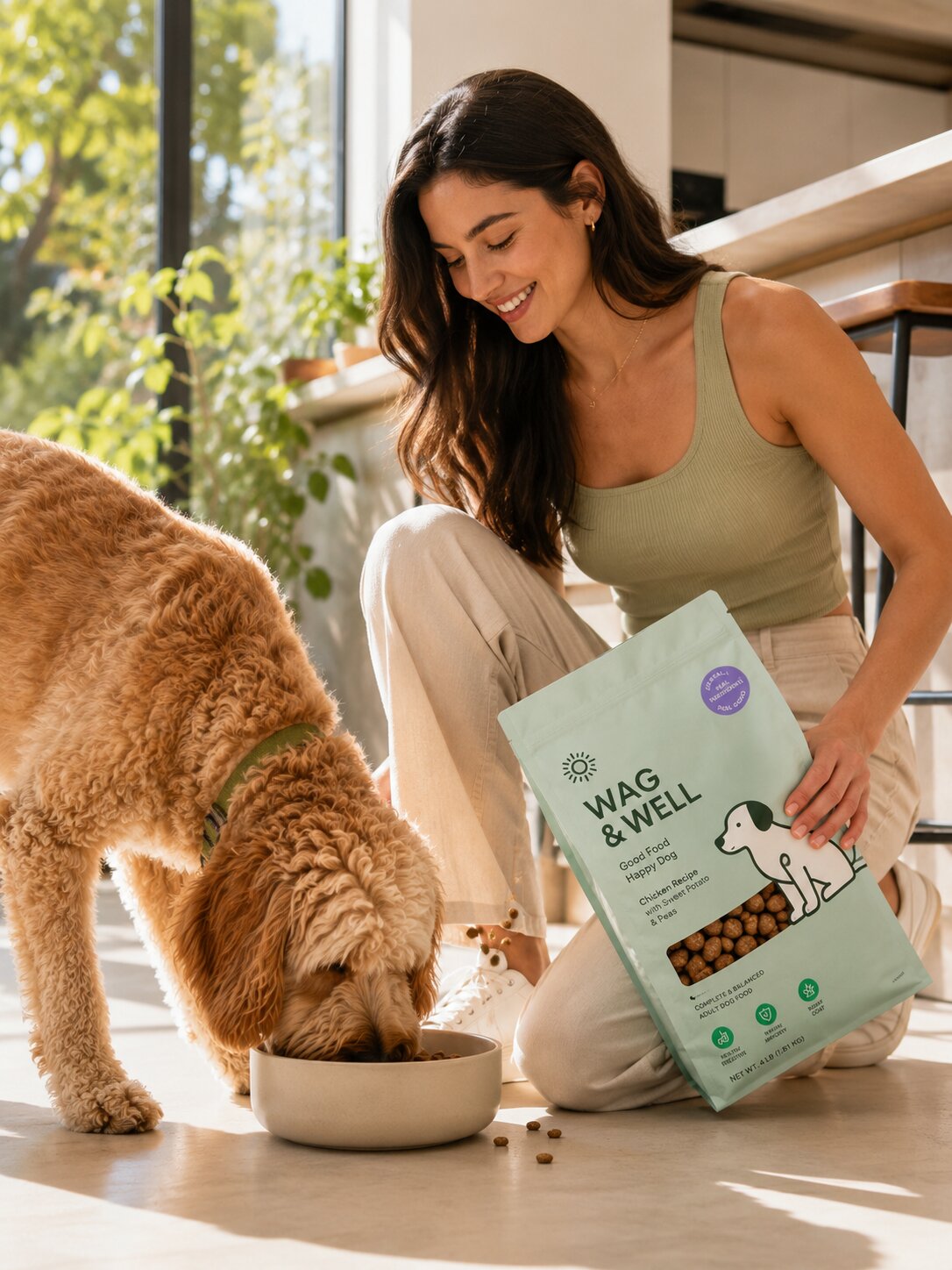 A stylish person feeding her golden retriever a premium CPG dog food — Ghost Creative