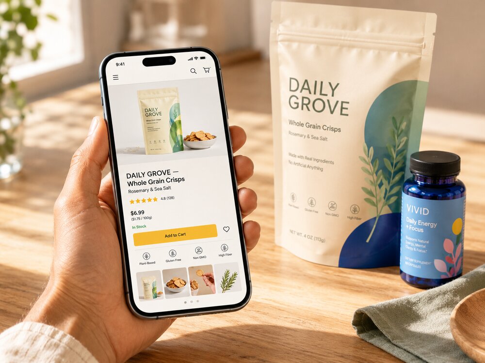 An ecommerce product detail page on a phone next to the physical product